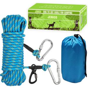 Dog Tie Out Cable for Camping - 50ft Portable Reflective Overhead Trolley System for Dogs up to 300lbs - Dog Lead for Yard Camping | Parks | Outdoor Events Blue