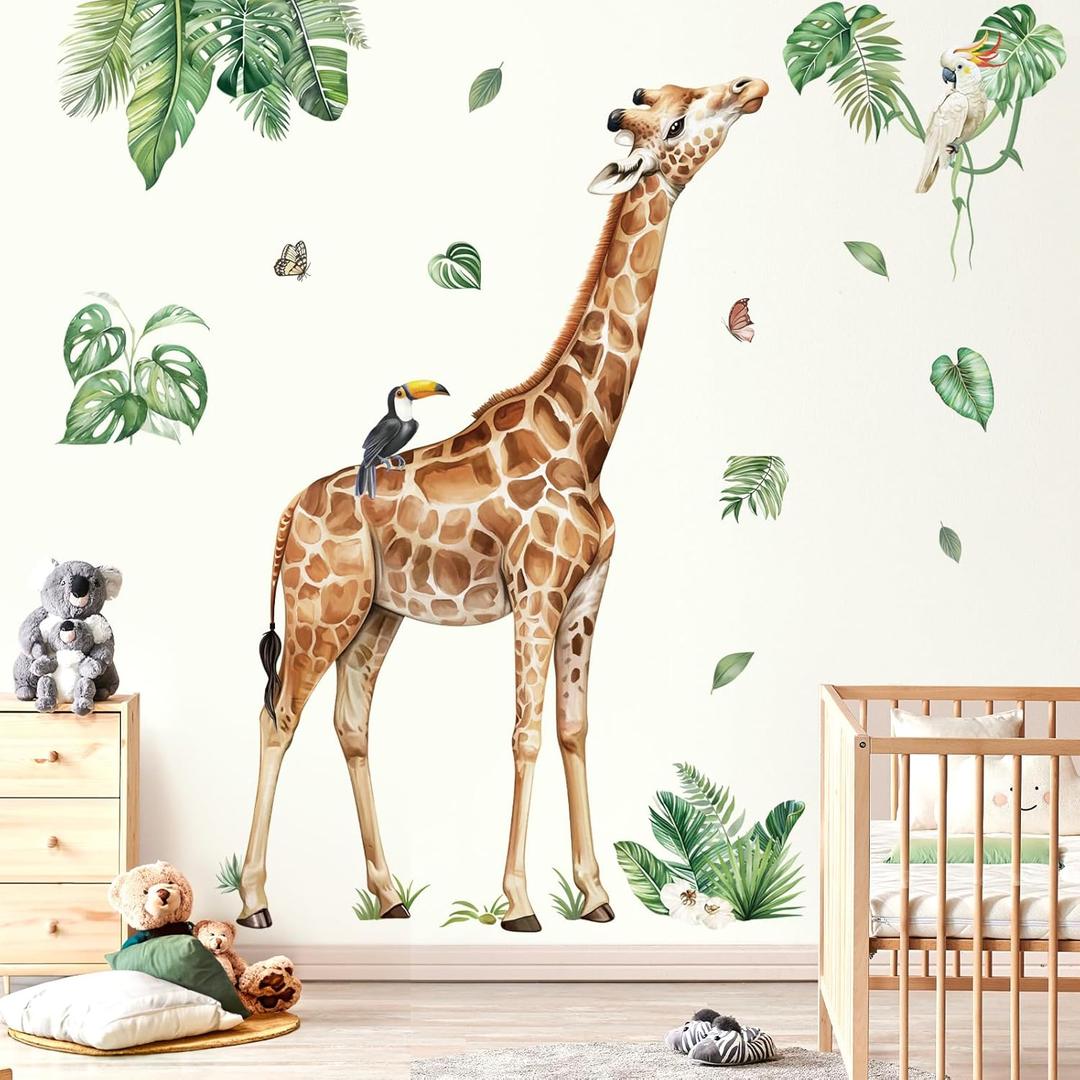 decalmile Large Jungle Giraffe Wall Decals Jungle Animals Tropical Leaves Wall Stickers Baby Nursery Kids Room Playroom Wall Decor