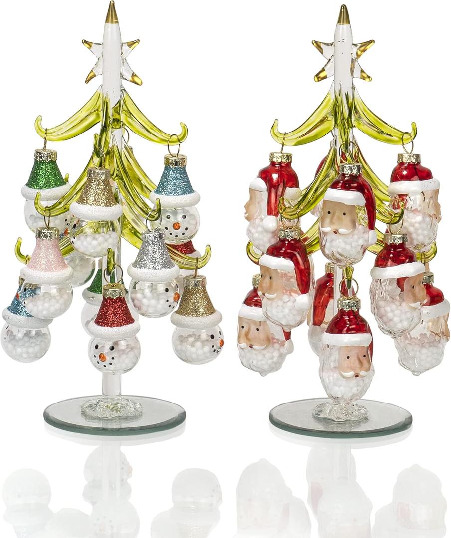 Red Co. Set of 2 Green Glass 8" Christmas Tree Tabletop Display Decorations with 12 Santa & Snowmen Ornaments
