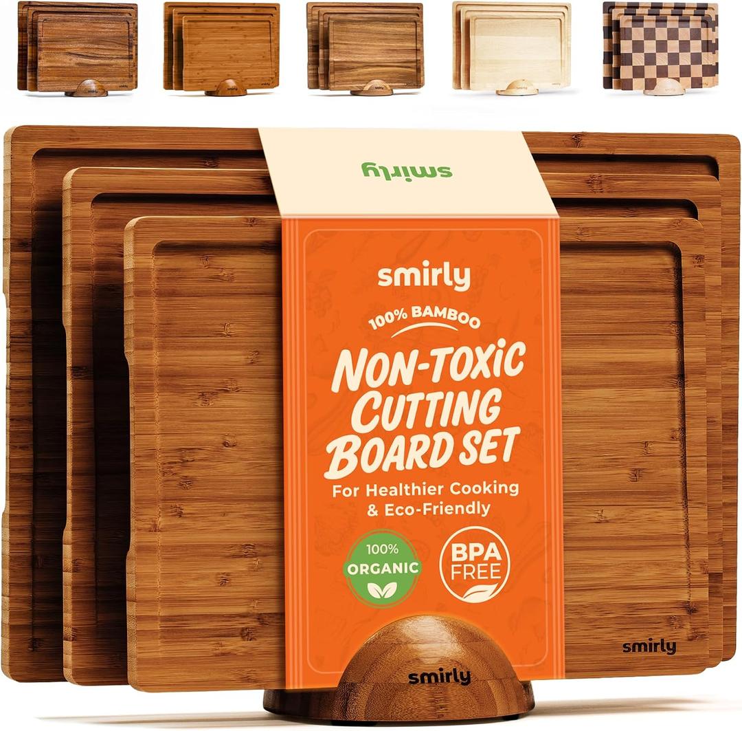 SMIRLY Wood Cutting Boards for Kitchen Wooden Chopping Board Set Reversible with Deep Juice Grooves Grip Handles, Large Charcuterie Tray, New Apartment Essentials, Carbonized Bamboo, 3Pcs with Holder