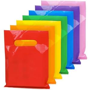 140 PCS 6" x 8" Colorful Gift Bags, 7 Bright Colors Party Favor Pouches, Reusable Plastic Goodie Bags with Handles, Small business essentials for Birthday, Christmas, Halloween, Holiday, Events