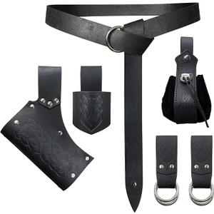 6 PCs Renaissance Belt Costume Accessories Pouch Skirt Sword Frog Viking Horn Belt Holster (Black)