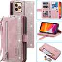 EYZUTAK Wallet Case for iPhone 13 Pro 6.1 inch, Retro Matte 9 Card Holder Slots Zipper Pocket Case PU Leather Magnetic Closure Kickstand with Wrist Strap Folio Flip Case - Rose Gold