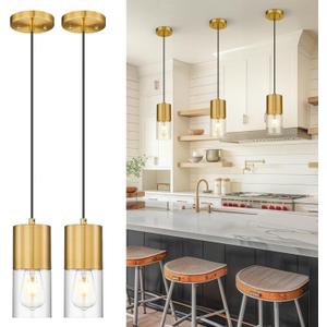 2-Pack Pendant Lights Kitchen Island, Brushed Gold Shade Hanging Lights Fixtures with Cylinder Clear Glass, Brass Kitchen Pendant Lighting Over Island for Dining Room, AD-24023-1P2-GD