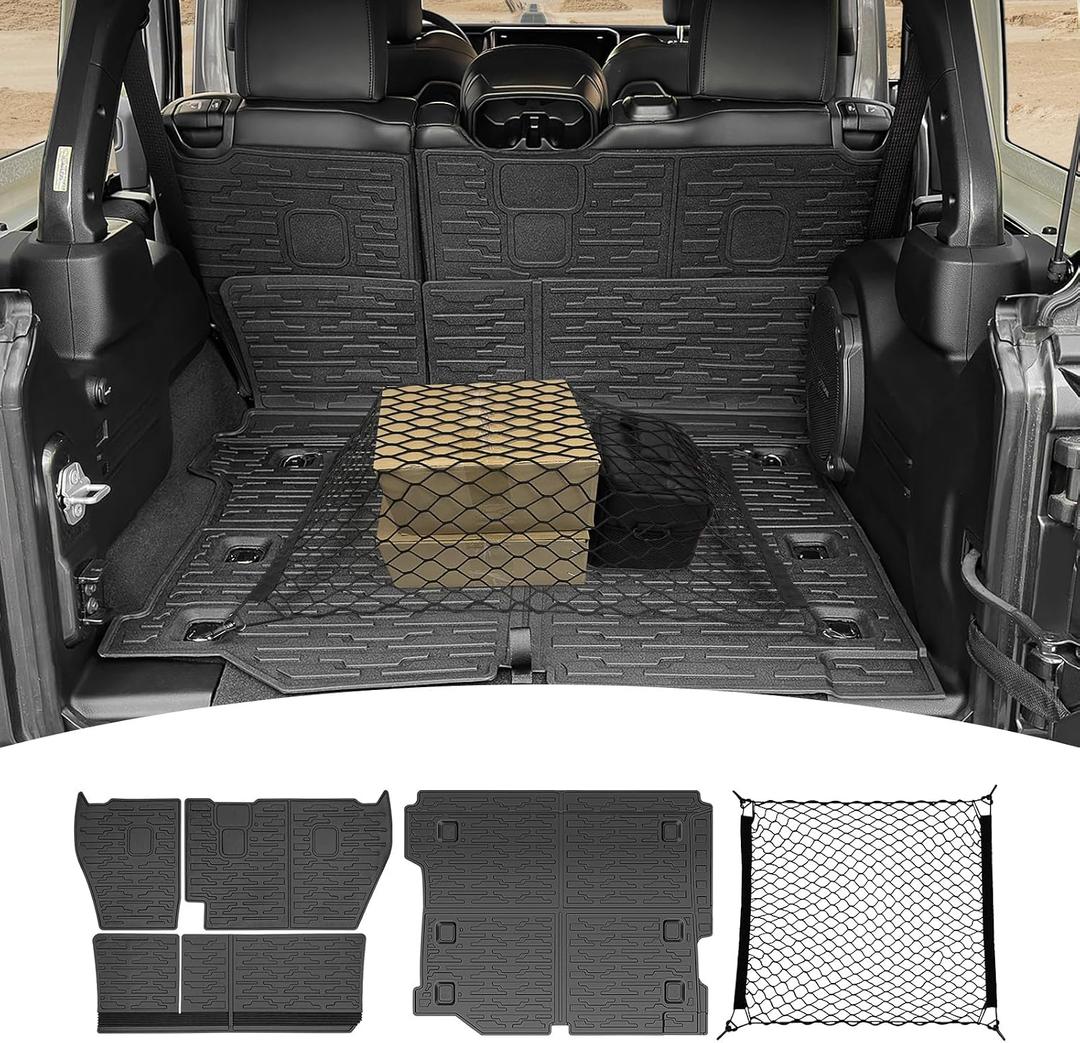 Cargo Mats with Net for 2018-2025 Jeep Wrangler JL Unlimited 4X4 Accessories All Weather Protection Rear Seat Back Cover Trunk Liner Cargo Net for 18-25 JL JLU Gas Type 4 Door(Not for 4XE)