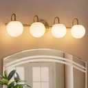 Brass Vanity Light, 31-Inch Modern 4-Light Gold Bathroom Light Fixtures with Frosted Globe Shade Mid Century Milk Glass Wall Sconce