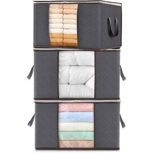 Lifewit 3 Packs Clothes Storage Bag, Storage Bins for Clothes, Blankets, Comforters, Foldable Clothing Storage with Reinforced Handle, Sturdy Zipper, Closet Organizer With Clear Window, Gray