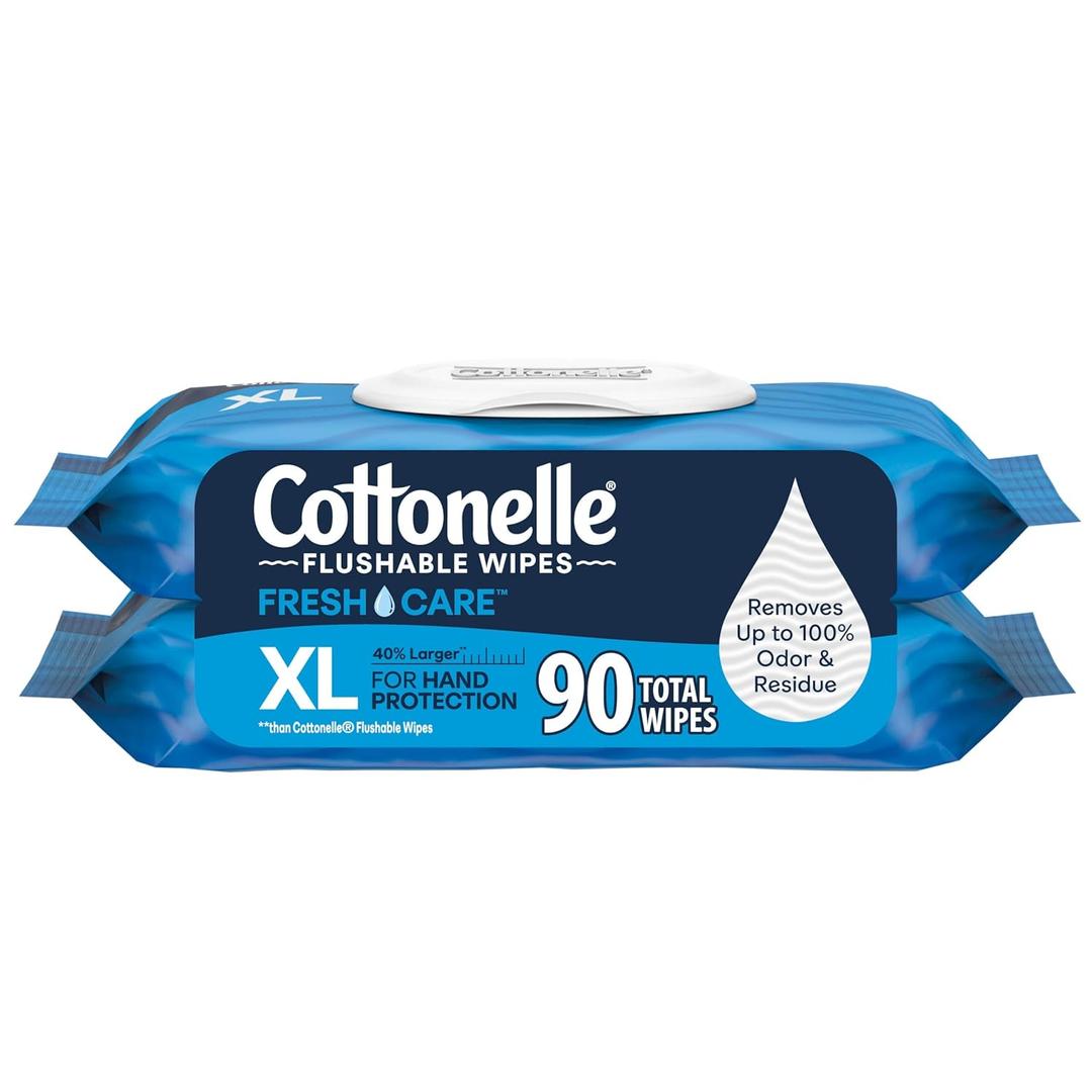Cottonelle XL Flushable Wet Wipes, Adult Wipes Large, 2 Flip-Top Packs, 45 Wipes Per Pack (90 Total Wipes)