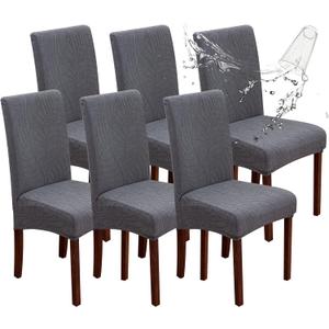 Genina Waterproof Chair Covers for Dining Room, Stretch Jacquard Dining Chair Slipcovers Removable Washable Chair Protector for Kitchen, Hotel, Restaurant (Leaves-Dark Gray, 6 PCS)