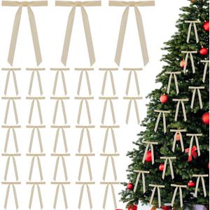 30 Pcs Christmas Velvet Wreath Bow, 5 x 7 Inch Vintage Velvet Ribbon Bows Rustic Crafts Gift Bows for Indoor Outdoor Wreaths Garland Holiday Xmas Tree Wrapping Crafts (Beige, Width of 5/8")