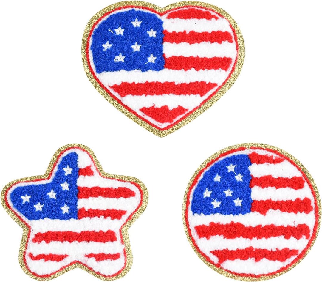 2 x 4th of July Iron On Patches Chenille Patches Independence Day American Flag Patriotic Iron On Patches for Hats Clothes Jacket Backpack Jeans Pants Dress (Star,Circle,Heart)