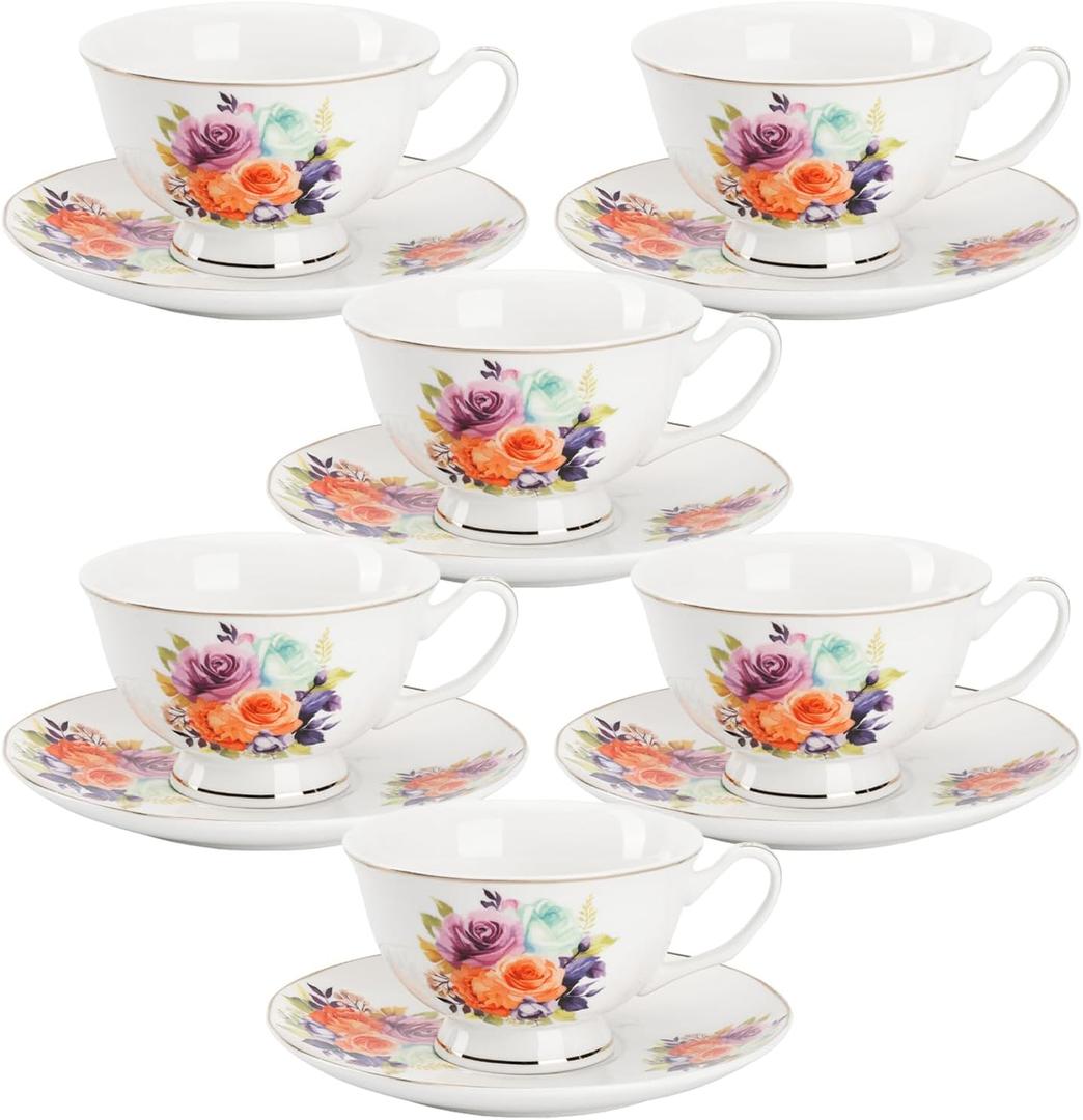 BTaT- Tea Cups and Saucers, Floral Design, Porcelain Tea Cup Sets, Dishwasher Safe, Set of 6, 8 oz, Mothers Day Gift