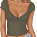 Trendy Queen Womens Summer V-Neck Backless Cute Tops Short Sleeve Sexy Slim Fit T-Shirts Y2K Clothes Corset Cami 2025 (Medium, Army Green)