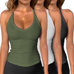 iGENJUN 3 Pack Workout Tops for Women Racerback Basic Tank Summer 2025 Camisole V Neck Slim Fit Ribbed Sleeveless (Medium, Black White Armygreen)