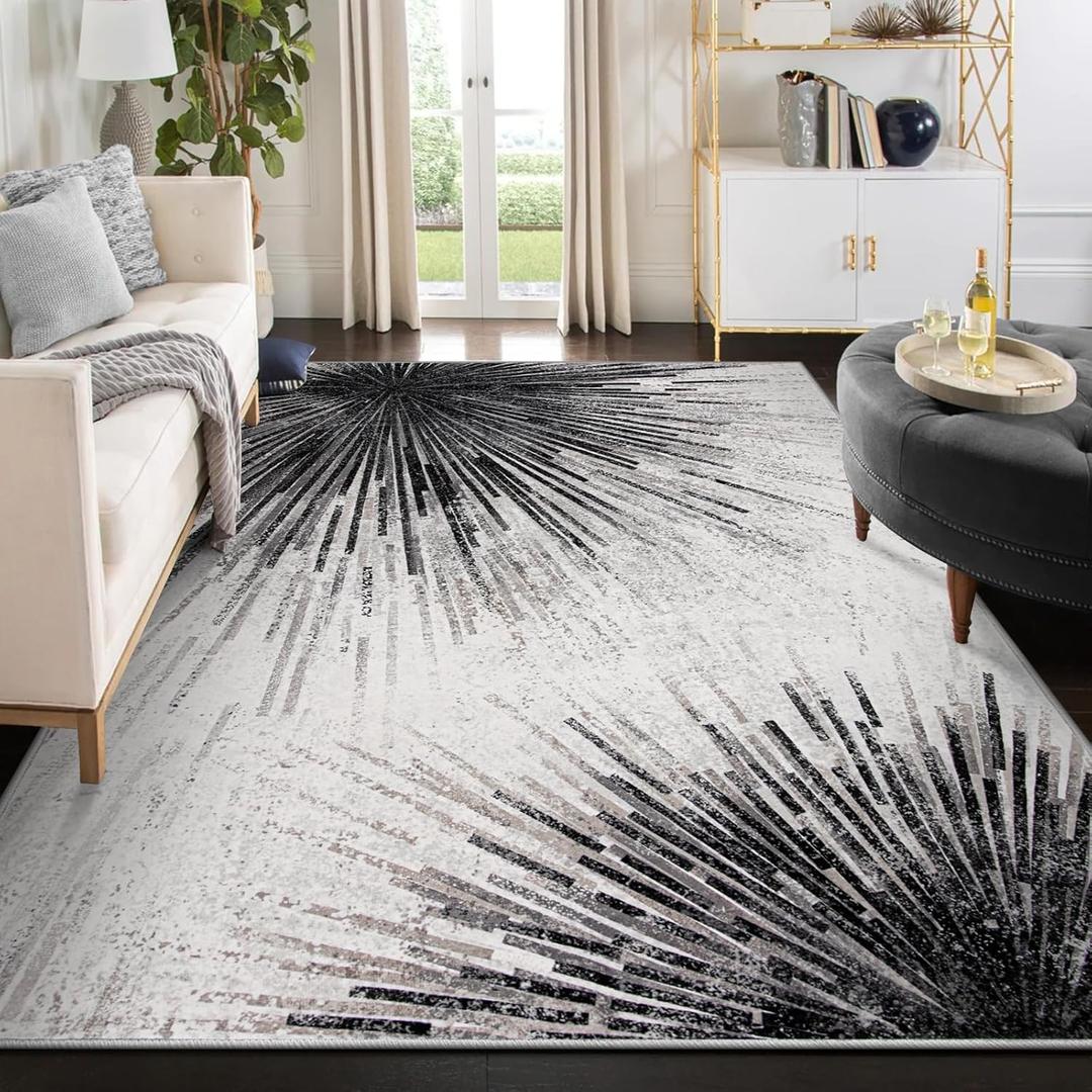 Lahome Modern Black Large Rugs for Living Room - Machine Washable 6x9 Area Rugs Non-Slip Throw Stain Resistant Rugs for Dining Room, Abstract Print Soft Low-Profile Indoor Rug for Bedroom Office