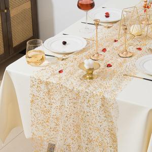 28In x 10 Ft Gold Table Runners, Sheer Chiffon Tulle Cheesecloth with Glitter Metallic Foil, Golden Sequin Gauze Runner for Wedding, Birthday, Baby Shower, Anniversary Party Decor, Lace