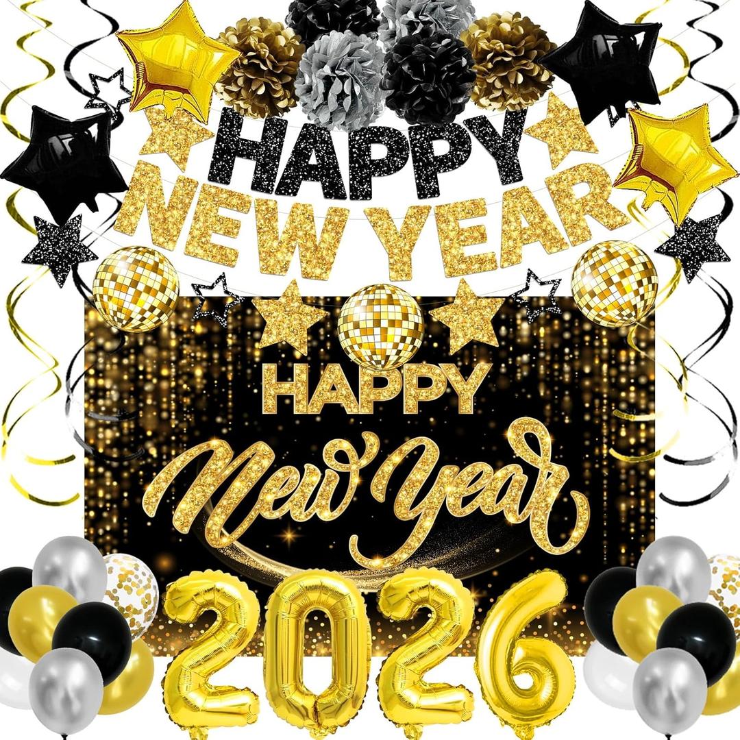 New Years Eve Party Supplies 2026 Happy New Year Decorations Kit - Black Gold Happy New Year Banner, Backdrop, 2026 Balloons, Pom Poms and Hanging Swirls for Kids Adults Party Decor