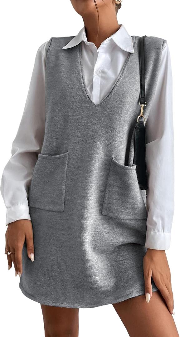 OYOANGLE Women's V Neck Sleeveless Knitted Solid Short Sweater Dress with Pockets (Large)
