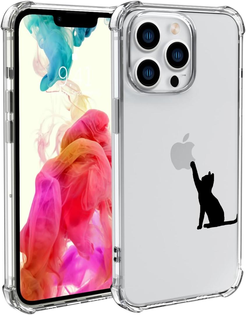 Cute Cat Phone Case for iPhone 15 Black Cat Case Cover Clear Phone Case w/Four Corner Reinforced Shockproof Girly Women Phone Cover Transparent Preppy Phone Case with Design