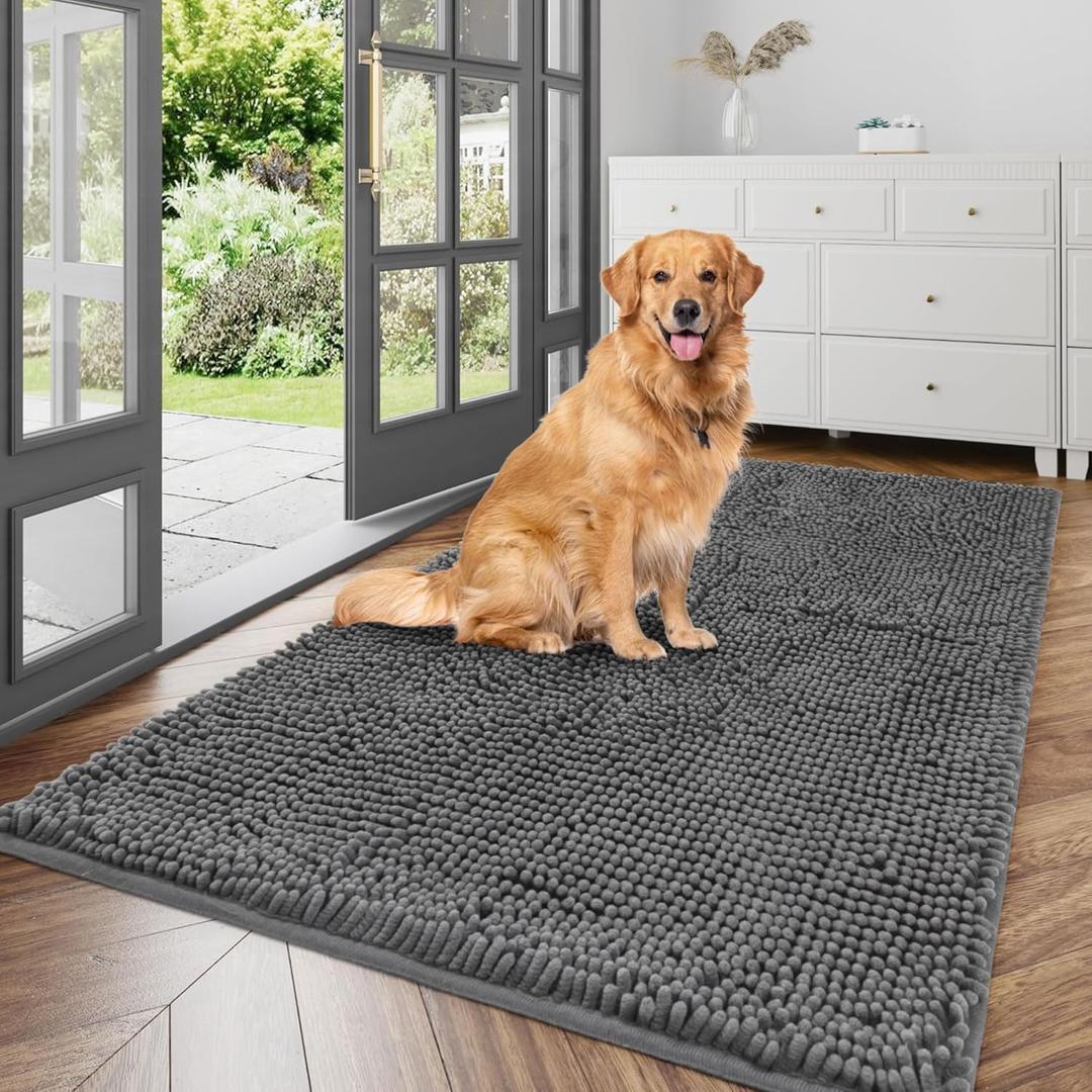 Ultra Absorbent Dog Door Mat for Muddy Paws, 48" x 24" Chenille Mud Mat for Dogs, Quick Dry, Trap Dirt Non-Slip Machine Washable Entry Rug for Indoor Outdoor Entrance, Dark Grey