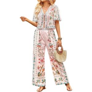 WDIRARA Women's Boho Floral 2 Piece Palazzo Pants Set Short Sleeve Blouse (Pink, L)