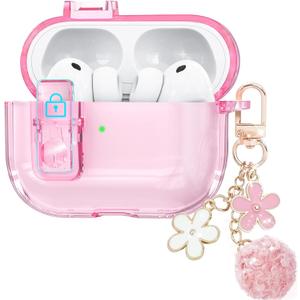 Clear Case for AirPods Pro 3 with Secure Lock, Soft TPU Airpods Pro 3 Generation Case 2025, Compatible with iPods Pro 3 Cases, Cute Bling Keychain for Women Girls (Pink)
