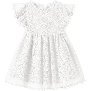 Niyage Toddler Girls Elegant Lace Pom Pom Flutter Sleeve Party Princess Dress White 3T