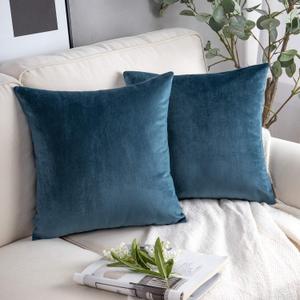 Phantoscope Pack of 2 Velvet Decorative Throw Decorative Pillow Cover Soft Solid Square Cushion Case for Couch Dark Blue 18 x 18 inches 45 x 45 cm