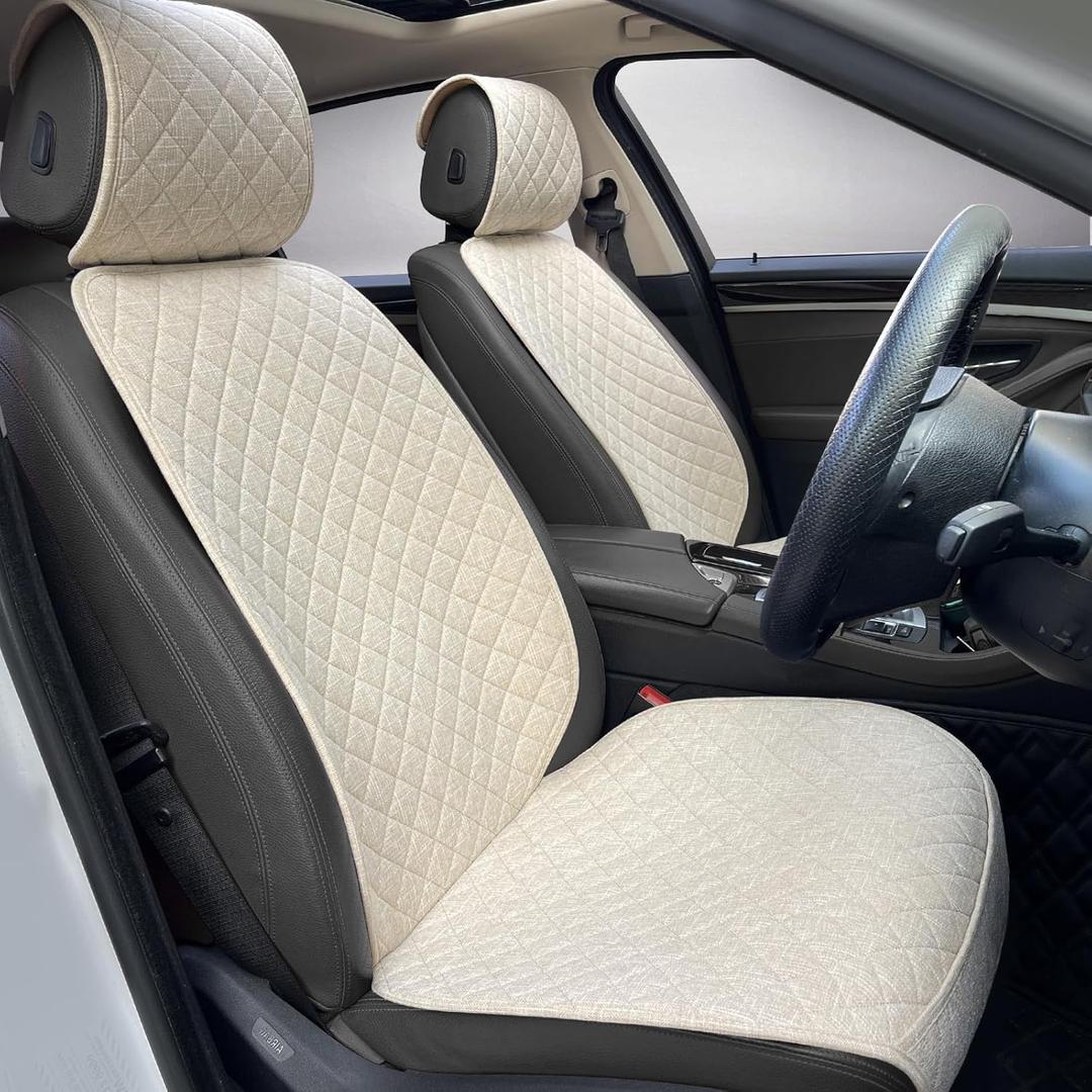 Linen Car Seat Covers Front Seat Covers Breathable Cloth Fabric Car Seat Protector - Universal Fit for Cars, Vans, SUVs, Trucks - 2 Units - Beige