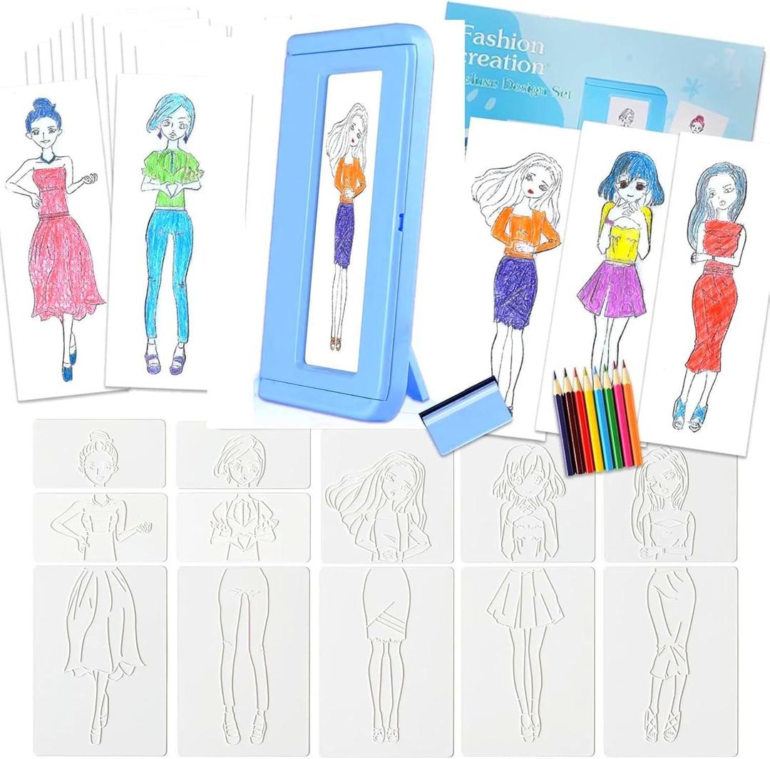 Kids Fashion Design Drawing Kit, 15 Double-Sided Rubbing Plates, Texture Art Set with Crayons, Colored Pencils, Paper & Frame, Creative Art for Girls & Boys Ages 5+, Travel Art Supplies, Birthday Gift