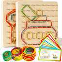 2Pack Wooden Geoboard Montessori Toys - Wood Geo Board Manipulative Geoboards for 4 5 6 Year Old Kids with Pattern Cards and Rubber Bands,Brain Teaser STEM Toy for Boys Girls Ages 3-6