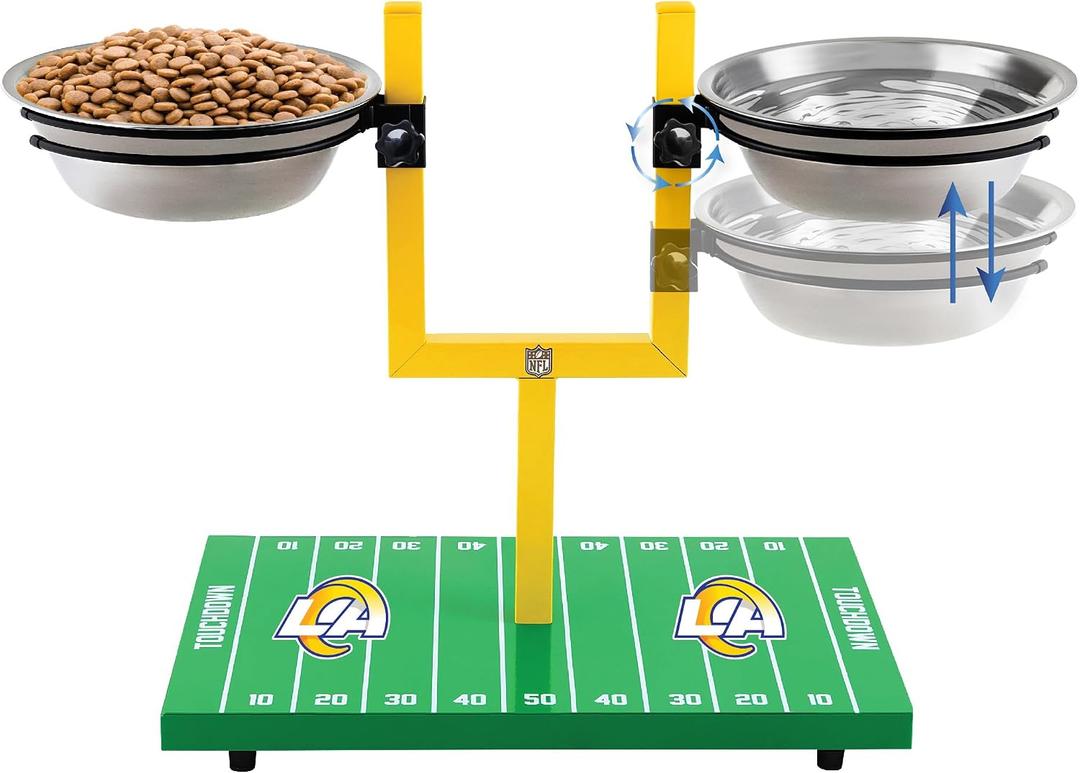 NFL Los Angeles Rams Goalpost Football Field Dog Feeder – Adjustable Elevated Dog Bowls with Stand, 2 Stainless Steel Bowls, Non-Slip Rubber Feet, Raised Pet Feeder for Large & Small Dogs, Cats.
