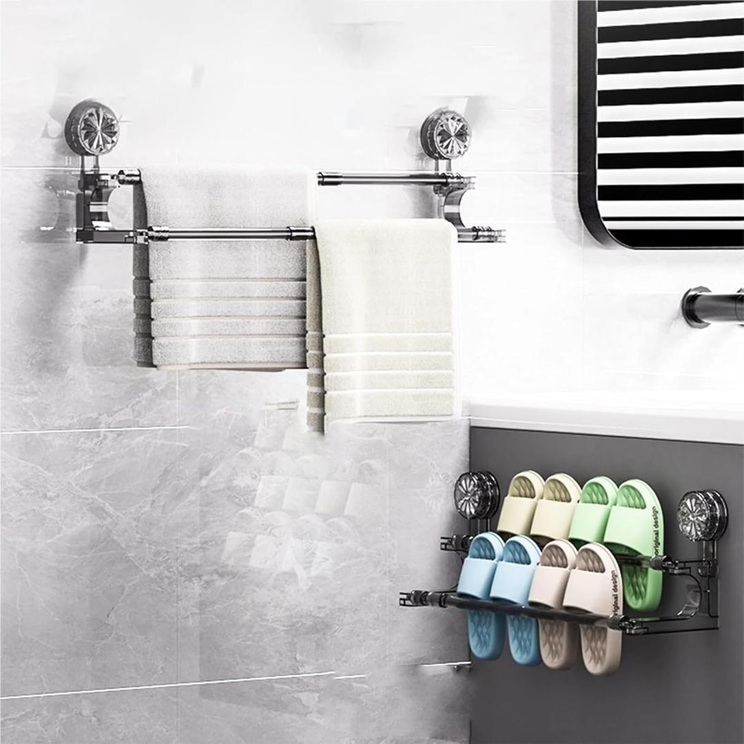 Adjustable Suction Cup Towel Bar (17.7INCH-30.3INCH), Suction Cup Double Towel Bar, Swivel Telescopic Bathroom Towel Holder, No Drill Easy Install