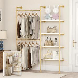 Industrial Pipe Clothing Rack, Heavy Duty Adjustable Garment Hanger with Shelves, 2 Installation Methods Closet Storage System for Wardrobe Organization (Gold, 80" H x 55" W)
