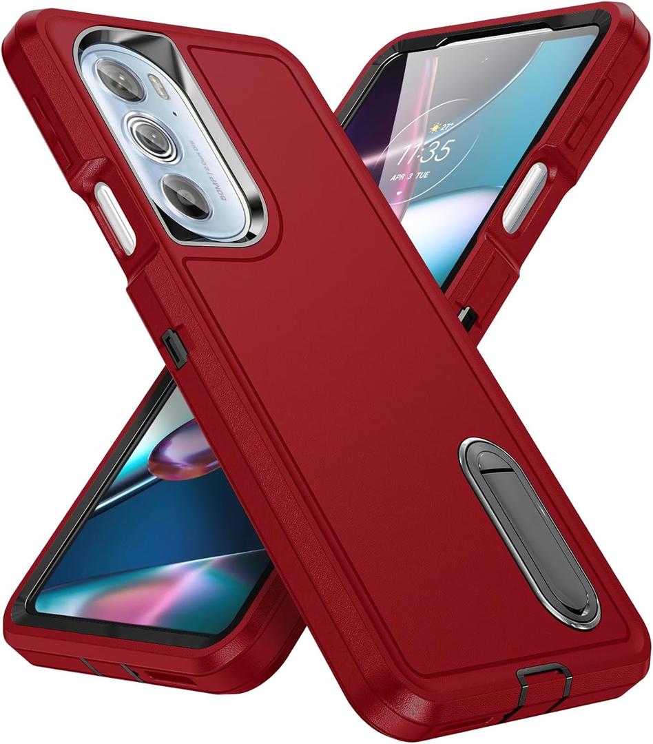 for Moto Edge Plus 2022 Case Moto Edge 30 Pro Case with Kickstand 3-Layer Military Grade Protective Cover Silicone Shockproof for Motorola Moto Edge Plus+ 2022 Phone Case (Red+Black)