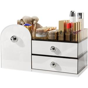 Minimalist Makeup Organizer with Drawers, High-Capacity Skincare & Makeup Brushes Holder, Cosmetic Display Case, Bathroom Countertop Organizer (white)