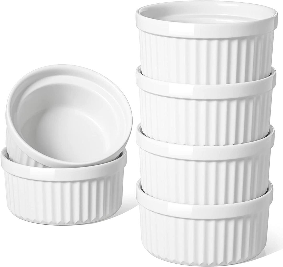 LE TAUCI Ramekins 12 OZ Oven Safe, Ceramic Souffle Dishes for Oven, Custard Cups, Creme Brulee Dishes, Porcelain Large Ramekins, Pudding Ramiken, Dipping Sauces, Set of 6, White