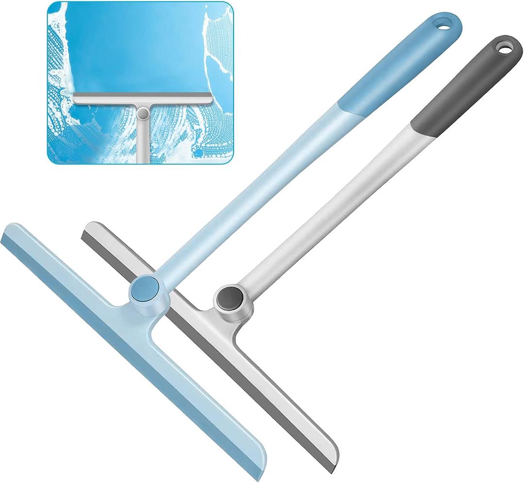 Window Squeegee, 2 Pack Shower Squeegee for Glass Doors Bathroom Mirror Windows Cars and Tile Walls, Silicone Plastic Squiggy Cleaner Tool 12 inch (Grey+Blue) 