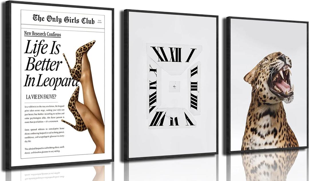 3Pcs Trendy Leopard Canvas Wall Art Vintage Newspaper Leopard Boots Paintings Pictures Fashion Preppy Wall Decor Abstract Clock Prints for Living Room Apartments Dorms Home Decoration 16x24in Unframed