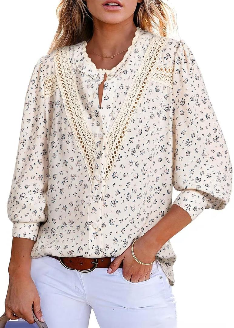 Astylish Women's Lace Crochet Patchwork Floral Long Sleeve Button Down Blouse (L)