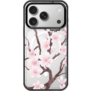 MOSNOVO for iPhone 17 Pro Case | Compatible with Magsafe | Military Grade 10ft Drop Tested | Camera Control | Clear Black with Cherry Blossom Design