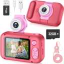 Kids Camera, Toddler Kid Digital Camera with 180Flip Lens & 2.4in IPS Screen, Birthday Festival Gifts Present Toy for 4 5 6 7 8 9 10 11 Year Old Girls/Boys, 32 GB Card Included, X101 (Rose Red)