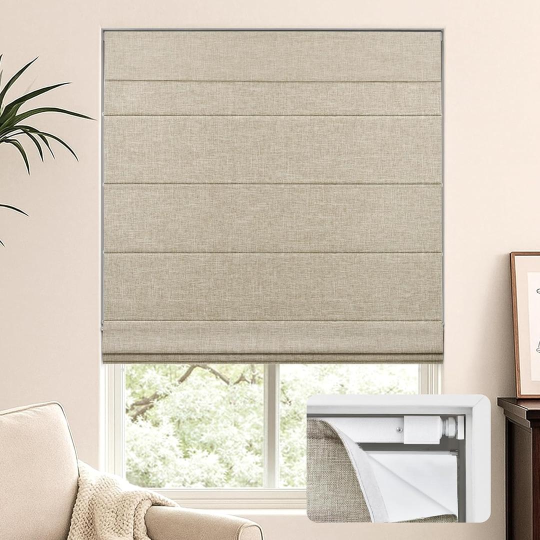 LazBlinds No Tools No Drill Cordless Roman Shades for Windows, Blackout Thermal Insulated UV Blocking Window Blinds, Lightweight Fabric Blinds for Indoor Windows, 30" W x 60" H, Blackout - Beige
