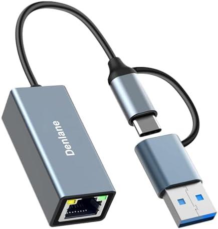 Denlane USB 3.0 to Ethernet Adapter, Ethernet to USB C Adapter 2-in-1, RJ45 Gigabit Network (1000Mbps) Hub Compatible with iPhone 15 16 17/USB-C iPad, MacBook/Pro/Air, Laptop, Windows 11/10/8/7, etc