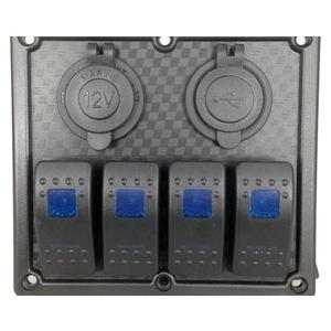 Pactrade Marine Car RV 4 Gang Blue LED Rocker Switch Plastic Panel USB Power 12V