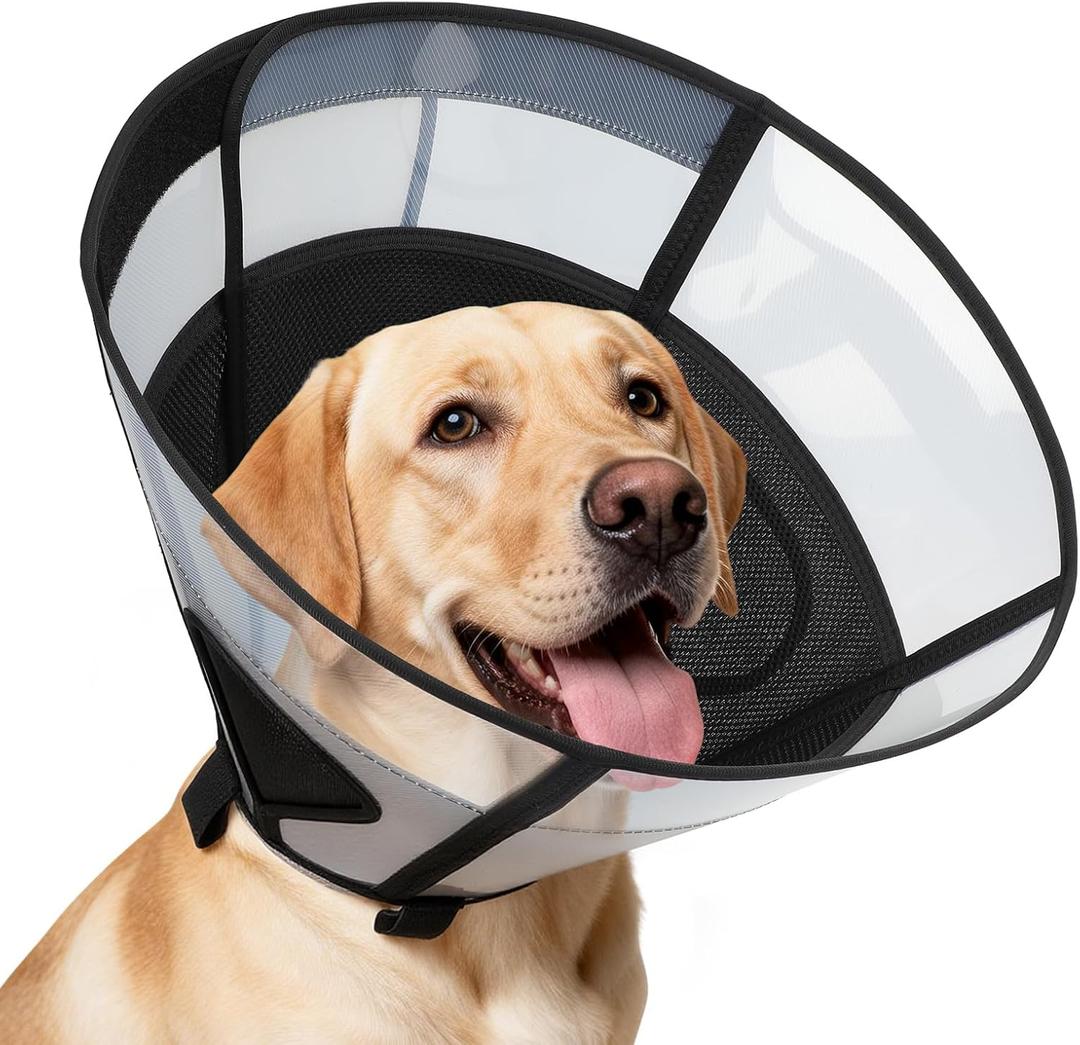 Soft Dog Cone Collar for Large Dogs, Mesh Windows Transparent E Collar for Dog, Anti-Bite Lick Wound Healing After Surgery Neuter Safety Practical Comfy Plastic Cone Black L