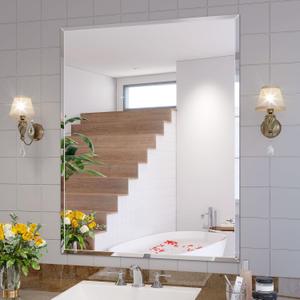 Frameless Bathroom Mirror for Wall, 28"x36" Beveled Bathroom Vanity Mirror, Modern Rectangle Bathroom Mirrors for Bedroom, Entryway, Living Room, Hangs Horizontally or Vertically