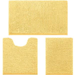 HOMEIDEAS 3 Pieces Bathroom Rugs, Ultra Soft Non Slip Absorbent Chenille Toilet Bath Mat Set (Yellow) (1'8" x 2'8" (17"x24"+20"x32"+U Shape 20"x24"))