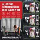 Best 150 ft Metal Garden Hose Set - No-Kink Durable 316 Stainless Steel, 10-Way Zync Spray Nozzle & Hook  Tough Flexible Heavy Duty Water Hoses, Naval Brass, Rust, Weather, LeakProof