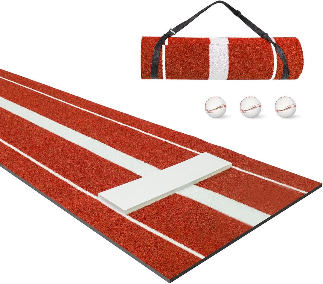 Softball Pitching Mat,10' x 3' Softball Pitching Mound with Pitching Rubber Plate,for Pitchers Indoor Outdoor Pitching Practice,3 Balls Included (Red)